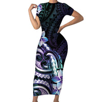 Polynesian Art Tattoo Family Matching Short Sleeve Bodycon Dress and Hawaiian Shirt Plumeria Flowers Turquoise Gradient LT05 Mom's Dress Turquoise - Polynesian Pride
