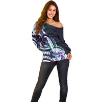 Polynesian Art Tattoo Off Shoulder Sweater Plumeria Flowers Turquoise Gradient LT05 - Polynesian Pride