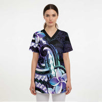 Polynesian Art Tattoo Scrub Top Plumeria Flowers Turquoise Gradient - Polynesian Pride