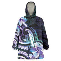 Polynesian Art Tattoo Wearable Blanket Hoodie Plumeria Flowers Turquoise Gradient