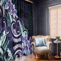 Polynesian Art Tattoo Window Curtain Plumeria Flowers Turquoise Gradient