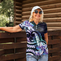 Polynesian Art Tattoo Women Polo Shirt Plumeria Flowers Turquoise Gradient