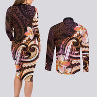 Polynesian Art Tattoo Couples Matching Long Sleeve Bodycon Dress and Long Sleeve Button Shirt Plumeria Flowers Peach Gradient LT05 - Polynesian Pride