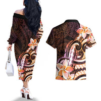 Polynesian Art Tattoo Couples Matching Off The Shoulder Long Sleeve Dress and Hawaiian Shirt Plumeria Flowers Peach Gradient