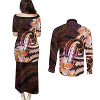 Polynesian Art Tattoo Couples Matching Puletasi and Long Sleeve Button Shirt Plumeria Flowers Peach Gradient