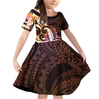 Polynesian Art Tattoo Family Matching Off Shoulder Short Dress and Hawaiian Shirt Plumeria Flowers Peach Gradient