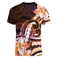 Polynesian Art Tattoo Women V-Neck T-Shirt Plumeria Flowers Peach Gradient LT05 - Polynesian Pride