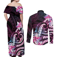 Polynesian Art Tattoo Couples Matching Off Shoulder Maxi Dress and Long Sleeve Button Shirt Plumeria Flowers Pink Gradient LT05 - Polynesian Pride