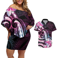 Polynesian Art Tattoo Couples Matching Off Shoulder Short Dress and Hawaiian Shirt Plumeria Flowers Pink Gradient LT05 Pink - Polynesian Pride