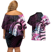 Polynesian Art Tattoo Couples Matching Off Shoulder Short Dress and Hawaiian Shirt Plumeria Flowers Pink Gradient LT05 - Polynesian Pride