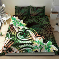 Polynesian Art Tattoo Bedding Set Plumeria Flowers Green Gradient