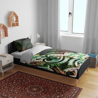 Polynesian Art Tattoo Bedding Set Plumeria Flowers Green Gradient