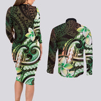 Polynesian Art Tattoo Couples Matching Long Sleeve Bodycon Dress and Long Sleeve Button Shirt Plumeria Flowers Green Gradient LT05 - Polynesian Pride
