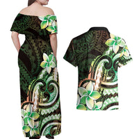 Polynesian Art Tattoo Couples Matching Off Shoulder Maxi Dress and Hawaiian Shirt Plumeria Flowers Green Gradient LT05 - Polynesian Pride