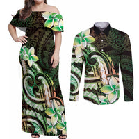 Polynesian Art Tattoo Couples Matching Off Shoulder Maxi Dress and Long Sleeve Button Shirt Plumeria Flowers Green Gradient LT05 Green - Polynesian Pride