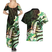 Polynesian Art Tattoo Couples Matching Summer Maxi Dress and Hawaiian Shirt Plumeria Flowers Green Gradient LT05 - Polynesian Pride