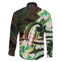 Polynesian Art Tattoo Family Matching Off The Shoulder Long Sleeve Dress and Hawaiian Shirt Plumeria Flowers Green Gradient
