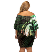 Polynesian Art Tattoo Family Matching Off Shoulder Short Dress and Hawaiian Shirt Plumeria Flowers Green Gradient