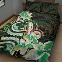Polynesian Art Tattoo Quilt Bed Set Plumeria Flowers Green Gradient