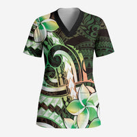 Polynesian Art Tattoo Scrub Top Plumeria Flowers Green Gradient - Polynesian Pride