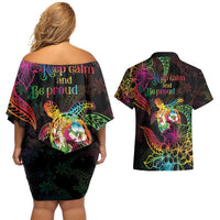 Hawaii Pride Couples Matching Off Shoulder Short Dress and Hawaiian Shirt Aloha Is Aloha