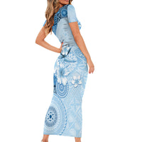 Hawaii Tapa Pattern With Blue Hibiscus Family Matching Short Sleeve Bodycon Dress and Hawaiian Shirt