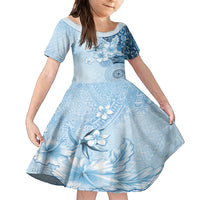 Hawaii Tapa Pattern With Blue Hibiscus Kid Short Sleeve Dress