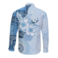 Hawaii Tapa Pattern With Blue Hibiscus Long Sleeve Button Shirt