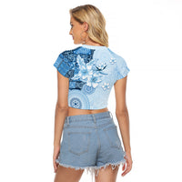 Hawaii Tapa Pattern With Blue Hibiscus Raglan Cropped T Shirt LT05 - Polynesian Pride