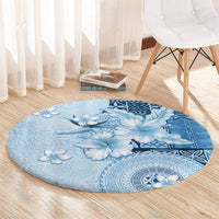 Hawaii Tapa Pattern With Blue Hibiscus Round Carpet