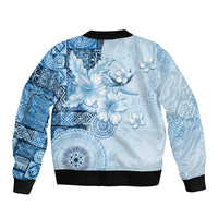 Hawaii Tapa Pattern With Blue Hibiscus Sleeve Zip Bomber Jacket