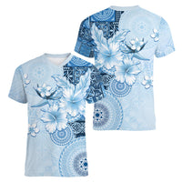 Hawaii Tapa Pattern With Blue Hibiscus Women V-Neck T-Shirt LT05 - Polynesian Pride