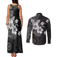 Hawaii Tapa Pattern With Black Hibiscus Couples Matching Tank Maxi Dress and Long Sleeve Button Shirt