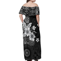Hawaii Tapa Pattern With Black Hibiscus Off Shoulder Maxi Dress