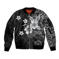 Hawaii Tapa Pattern With Black Hibiscus Sleeve Zip Bomber Jacket