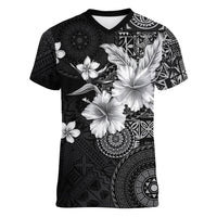 Hawaii Tapa Pattern With Black Hibiscus Women V-Neck T-Shirt LT05 Female Black - Polynesian Pride