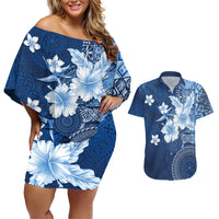 Hawaii Tapa Pattern With Navy Hibiscus Couples Matching Off Shoulder Short Dress and Hawaiian Shirt
