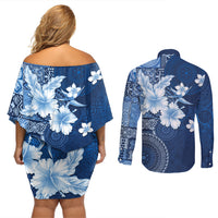 Hawaii Tapa Pattern With Navy Hibiscus Couples Matching Off Shoulder Short Dress and Long Sleeve Button Shirt