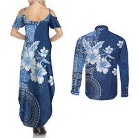 Hawaii Tapa Pattern With Navy Hibiscus Couples Matching Summer Maxi Dress and Long Sleeve Button Shirt