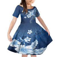 Hawaii Tapa Pattern With Navy Hibiscus Family Matching Off The Shoulder Long Sleeve Dress and Hawaiian Shirt