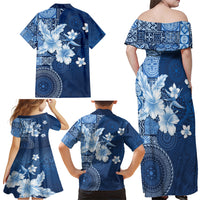 Hawaii Tapa Pattern With Navy Hibiscus Family Matching Off Shoulder Maxi Dress and Hawaiian Shirt