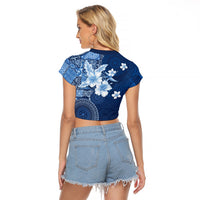Hawaii Tapa Pattern With Navy Hibiscus Raglan Cropped T Shirt LT05 - Polynesian Pride