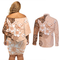 Hawaii Tapa Pattern With Brown Hibiscus Couples Matching Off Shoulder Short Dress and Long Sleeve Button Shirt