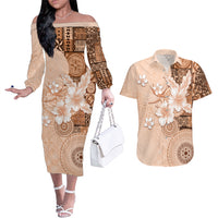 Hawaii Tapa Pattern With Brown Hibiscus Couples Matching Off The Shoulder Long Sleeve Dress and Hawaiian Shirt