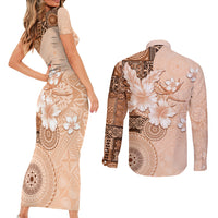 Hawaii Tapa Pattern With Brown Hibiscus Couples Matching Short Sleeve Bodycon Dress and Long Sleeve Button Shirt