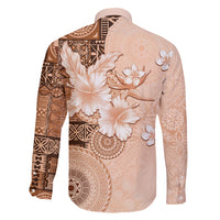 Hawaii Tapa Pattern With Brown Hibiscus Family Matching Long Sleeve Bodycon Dress and Hawaiian Shirt