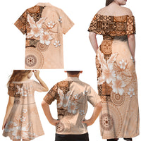 Hawaii Tapa Pattern With Brown Hibiscus Family Matching Off Shoulder Maxi Dress and Hawaiian Shirt