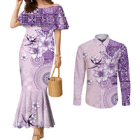 Hawaii Tapa Pattern With Violet Hibiscus Couples Matching Mermaid Dress and Long Sleeve Button Shirt