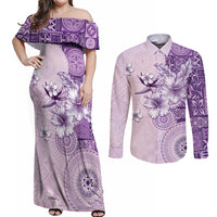 Hawaii Tapa Pattern With Violet Hibiscus Couples Matching Off Shoulder Maxi Dress and Long Sleeve Button Shirt
