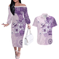 Hawaii Tapa Pattern With Violet Hibiscus Couples Matching Off The Shoulder Long Sleeve Dress and Hawaiian Shirt